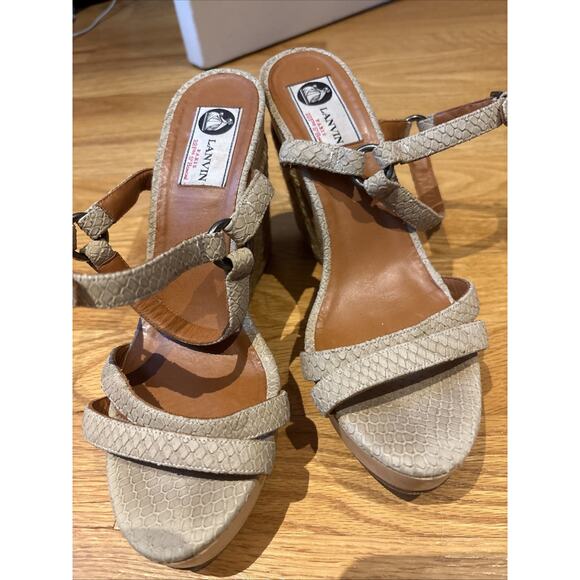 Lanvin Wedge Espadrille Platform Sandal beige snake leather strap wood straw hee - Picture 1 of 15